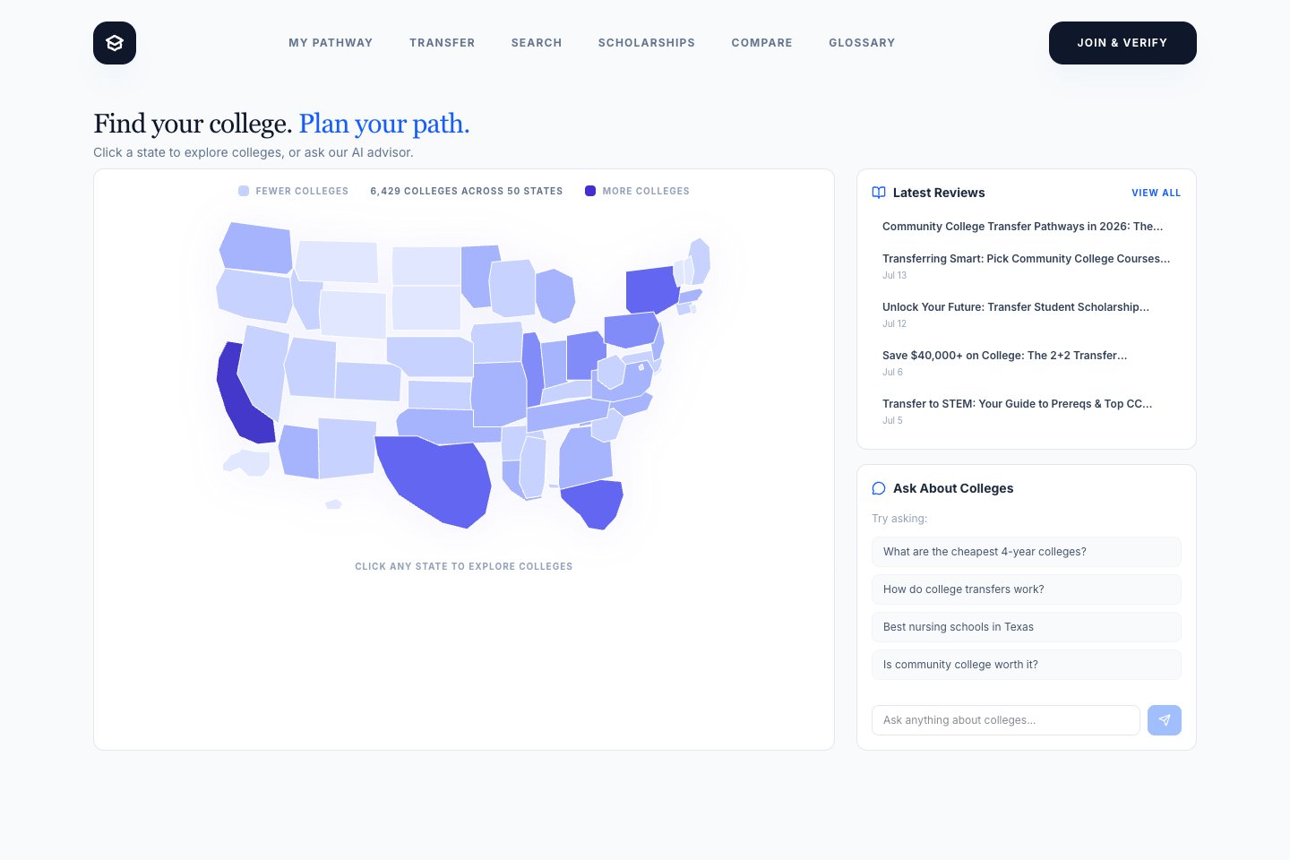 GradeToGrad homepage introducing college planning for students and families