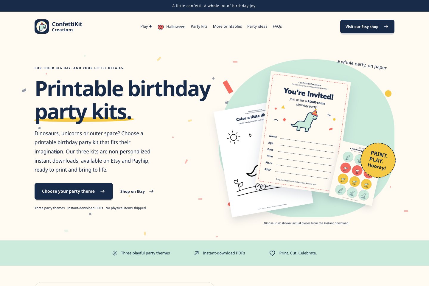 Party Kit Studio storefront showcasing printable party themes