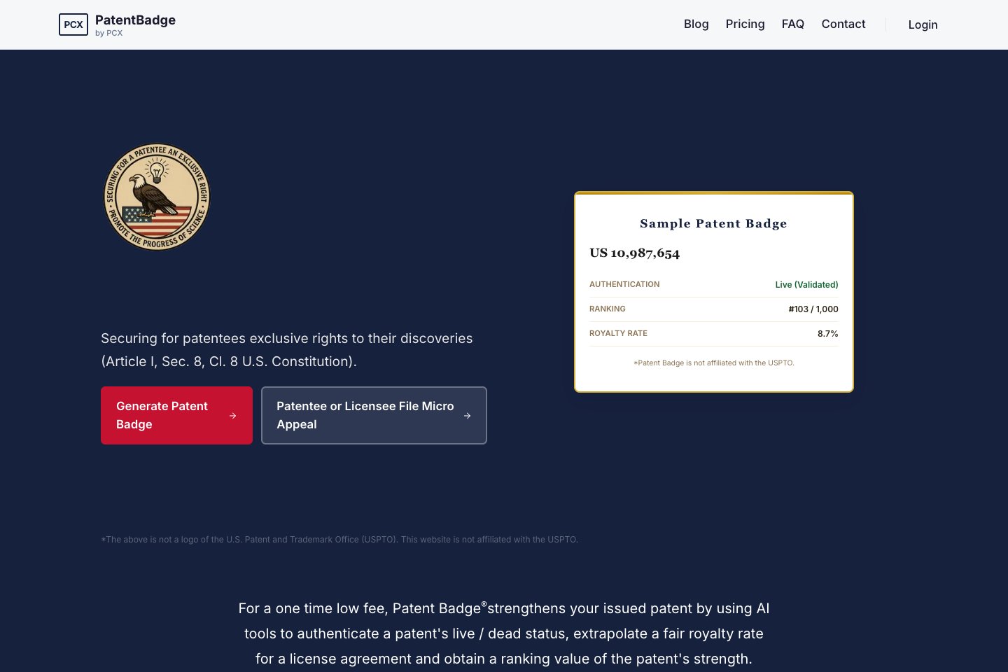 PatentBadge homepage presenting patent authentication and royalty analysis